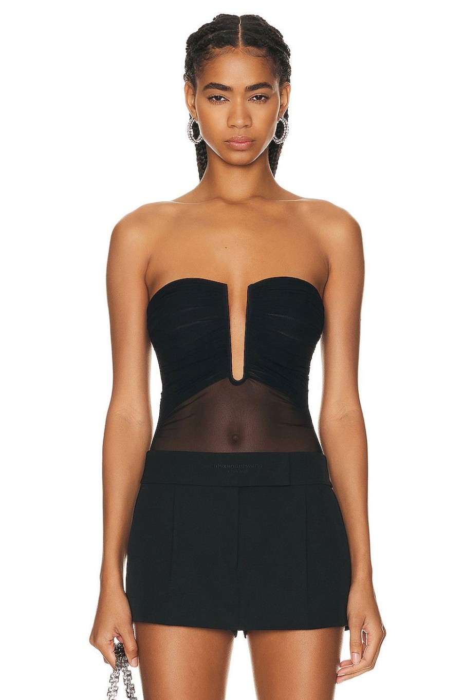 Women David Koma Tops | V Cut Corset Mesh Bodysuit Black