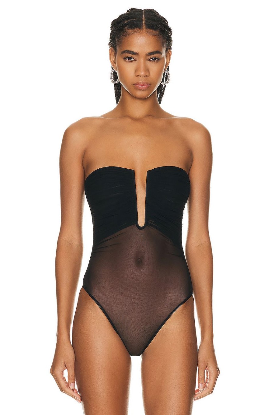 Women David Koma Tops | V Cut Corset Mesh Bodysuit Black