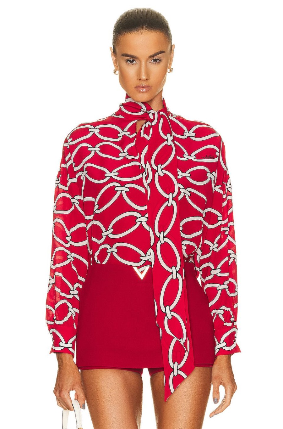 Women Valentino Tops | Chain Neck Tie Blouse Red