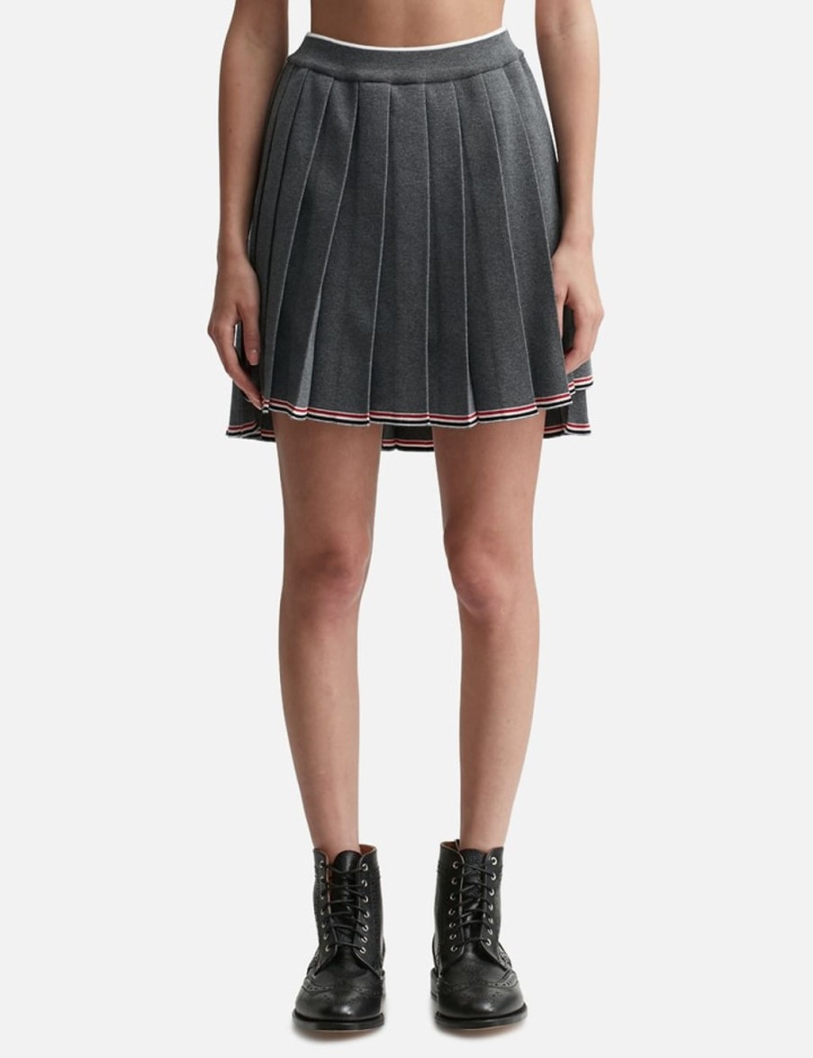 Women Thom Browne Skirts | Merino Wool Tipping Pleated Mini Skirt Grey