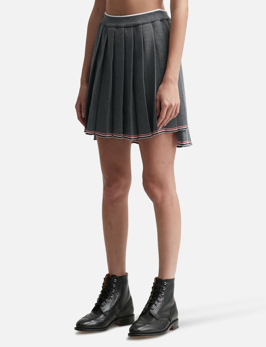 Women Thom Browne Skirts | Merino Wool Tipping Pleated Mini Skirt Grey