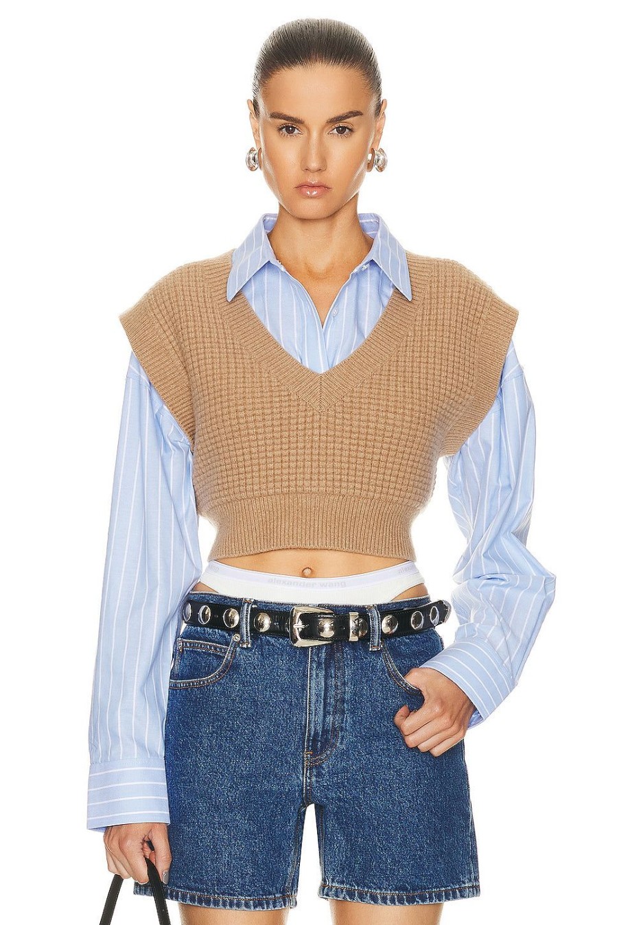 Women Alexander Wang Sweaters & Knits | V-Neck Waffle Vest Camel