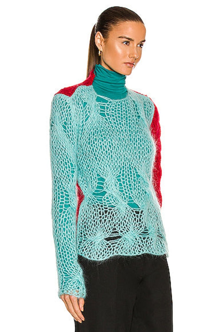 Women Raf Simons Sweaters & Knits | Cropped Tight Fit Knit Sweater Light Blue