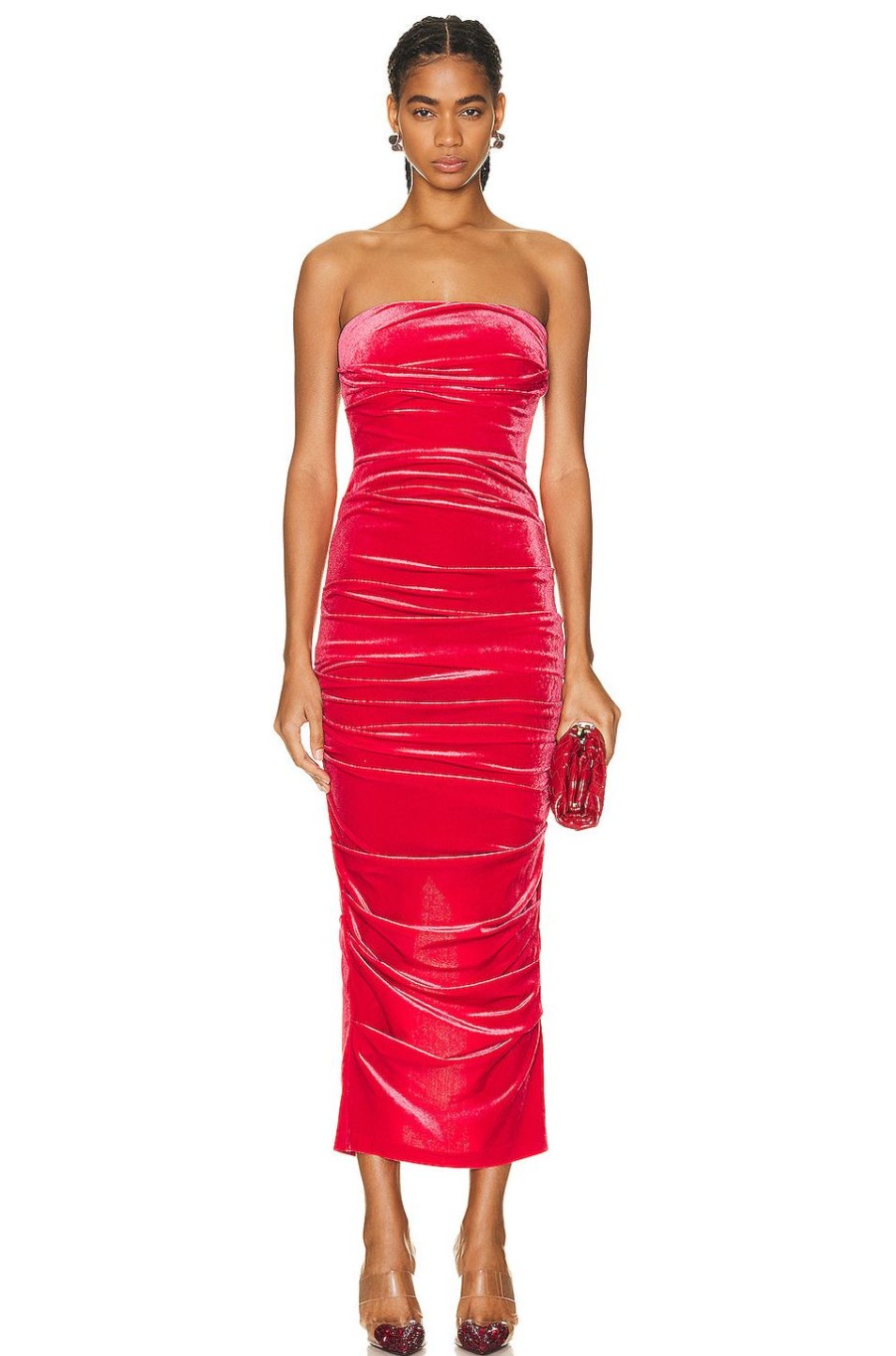 Women Alex Perry Dresses | Parkin Velvet Tucked Strapless Dress Red