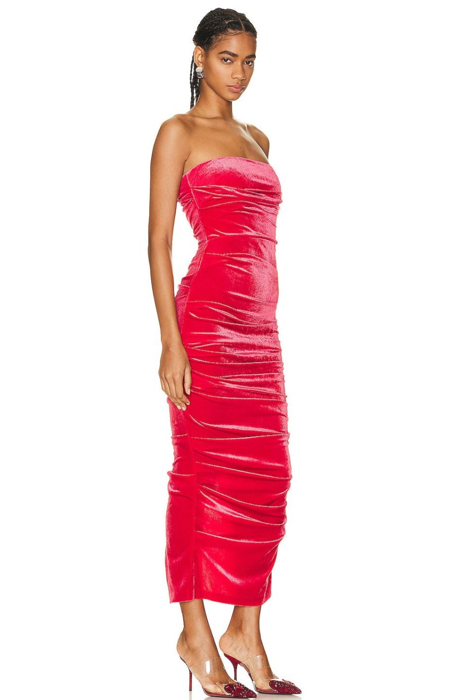 Women Alex Perry Dresses | Parkin Velvet Tucked Strapless Dress Red