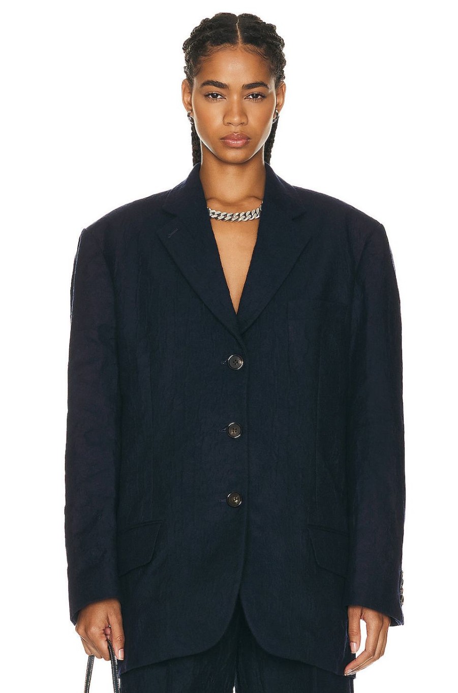 Women Acne Studios Jackets & Coats | Metallic Bonded Flannel Blazer Navy Blue