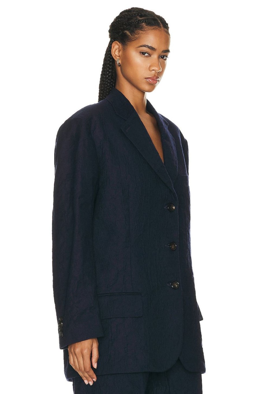 Women Acne Studios Jackets & Coats | Metallic Bonded Flannel Blazer Navy Blue