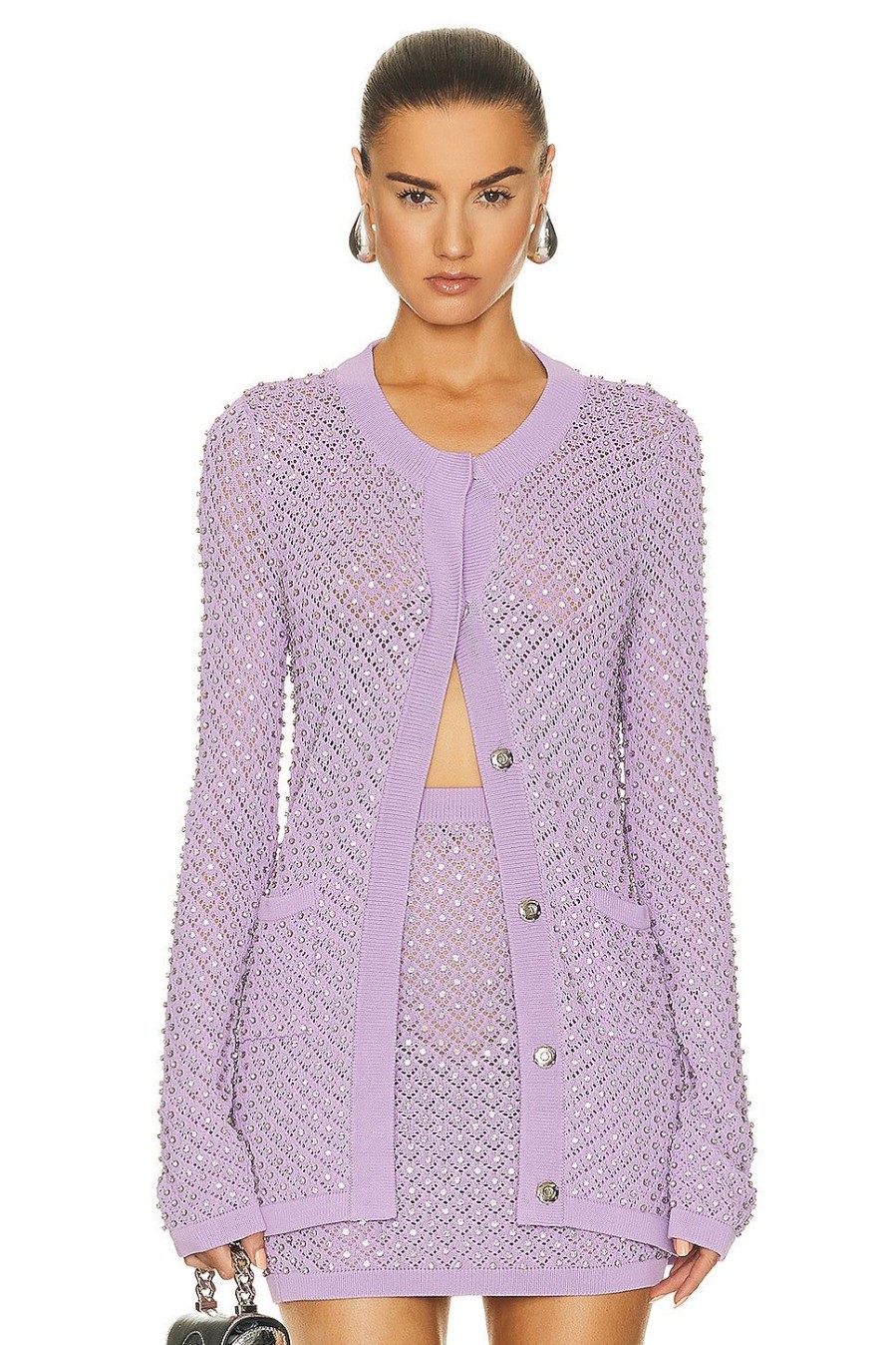 Women David Koma Sweaters & Knits | Crystal Embroidered Knit Cardigan Lilac