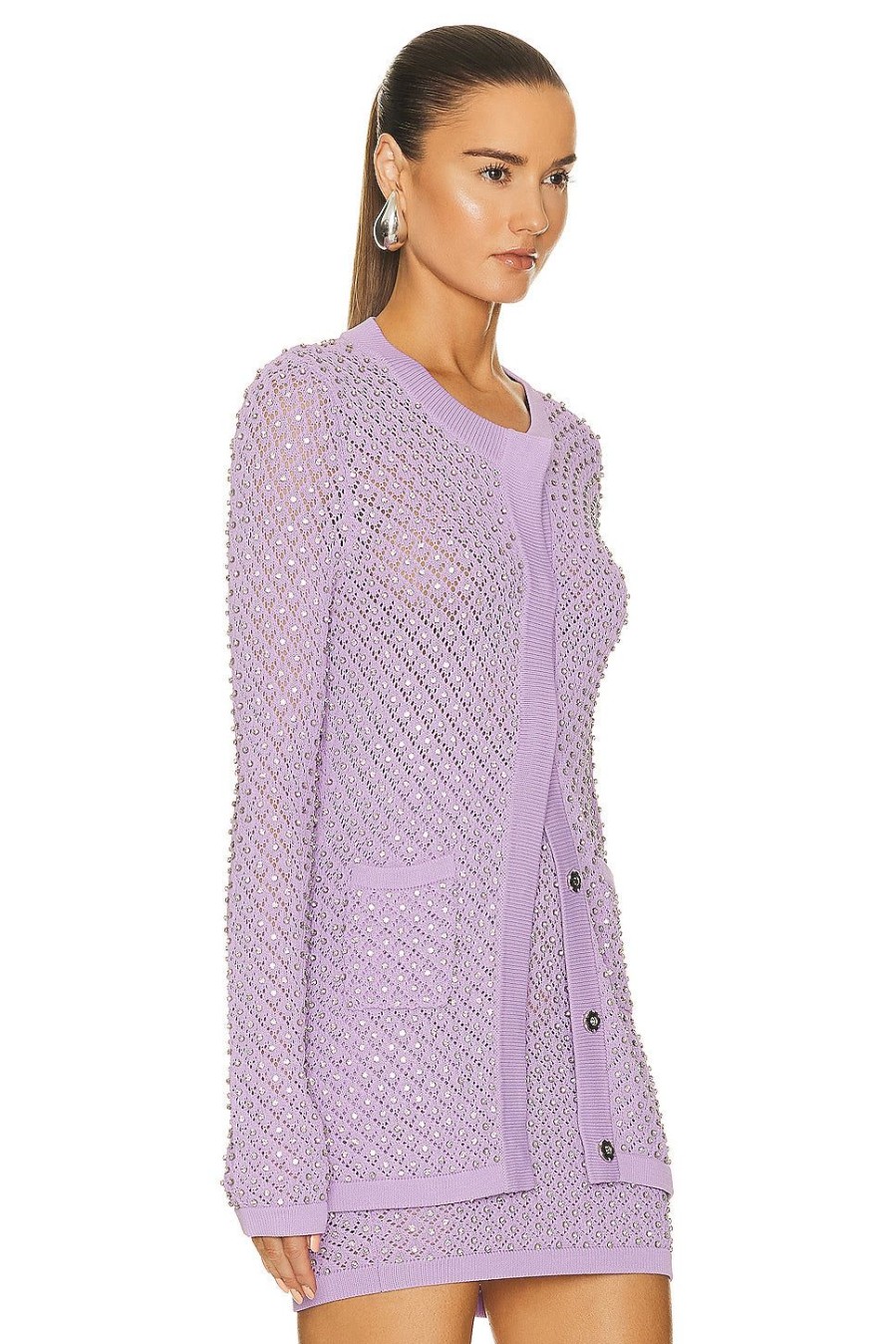 Women David Koma Sweaters & Knits | Crystal Embroidered Knit Cardigan Lilac