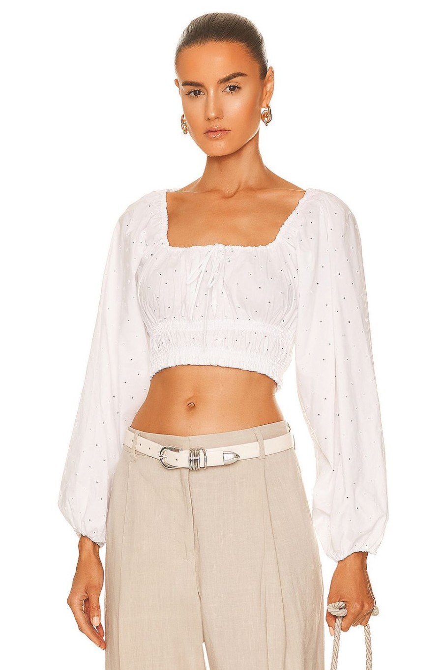 Women Matteau Tops | Broderie Shirred Decollete Blouse White