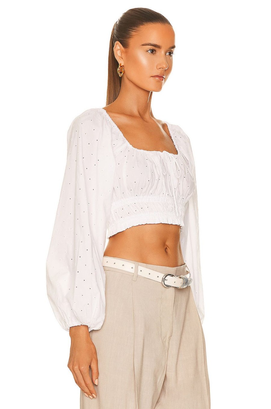 Women Matteau Tops | Broderie Shirred Decollete Blouse White