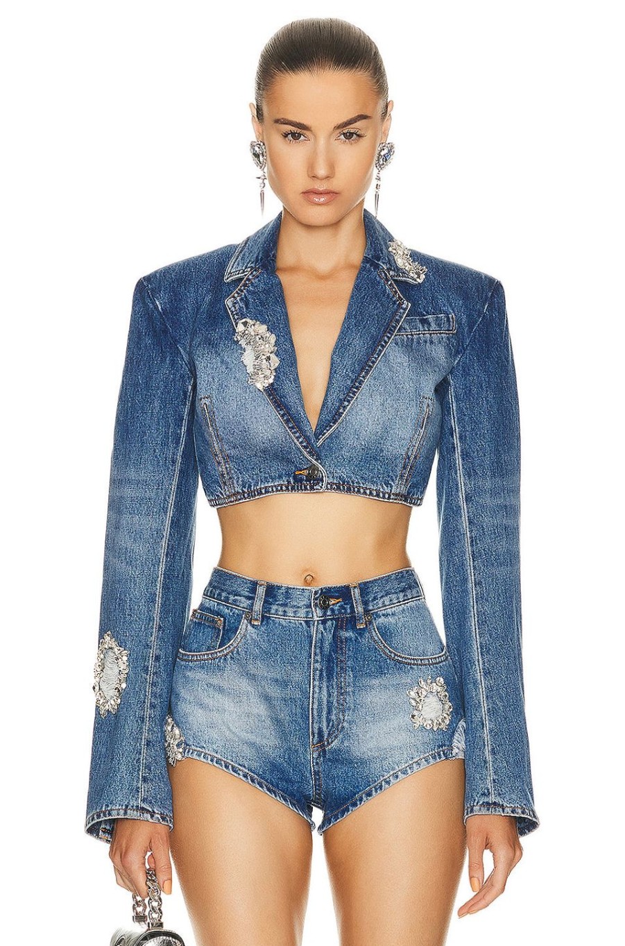 Women AREA Jackets & Coats | Denim Cropped Blazer Light Indigo