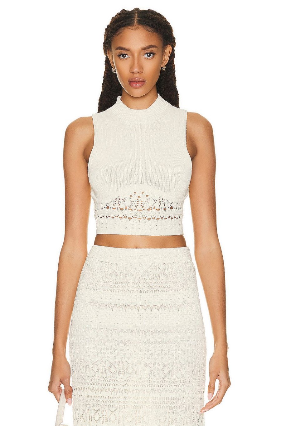 Women SIMKHAI Tops | Clarita Macrame Mixed Stitch Mock Neck Cropped Tank Top Cream