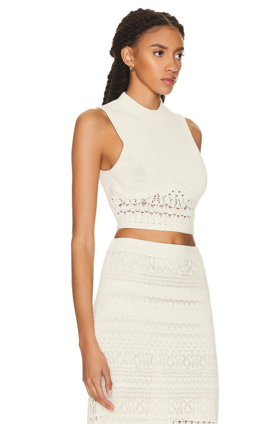 Women SIMKHAI Tops | Clarita Macrame Mixed Stitch Mock Neck Cropped Tank Top Cream