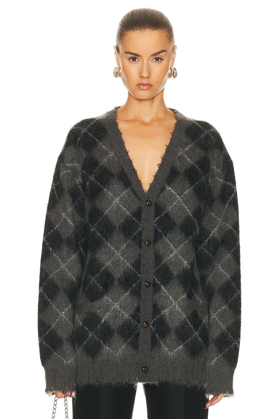 Women R13 Sweaters & Knits | Fluffy Plaid Oversized Distressed Edge Cardigan Charcoal & Black