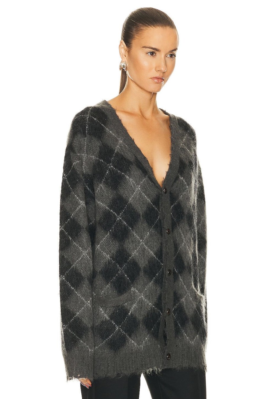 Women R13 Sweaters & Knits | Fluffy Plaid Oversized Distressed Edge Cardigan Charcoal & Black