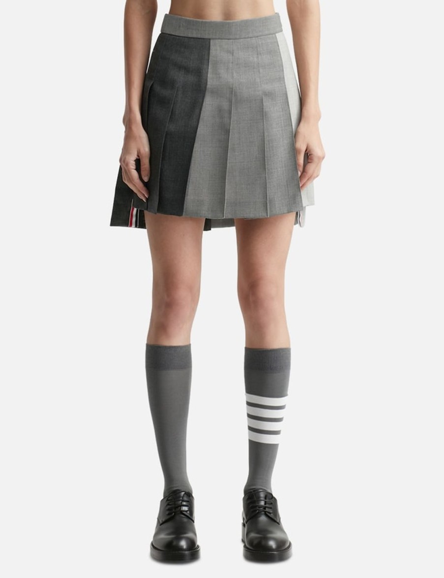 Women Thom Browne Skirts | Fun-Mix Thigh Length Dropped Back Pleated Skirt Grey