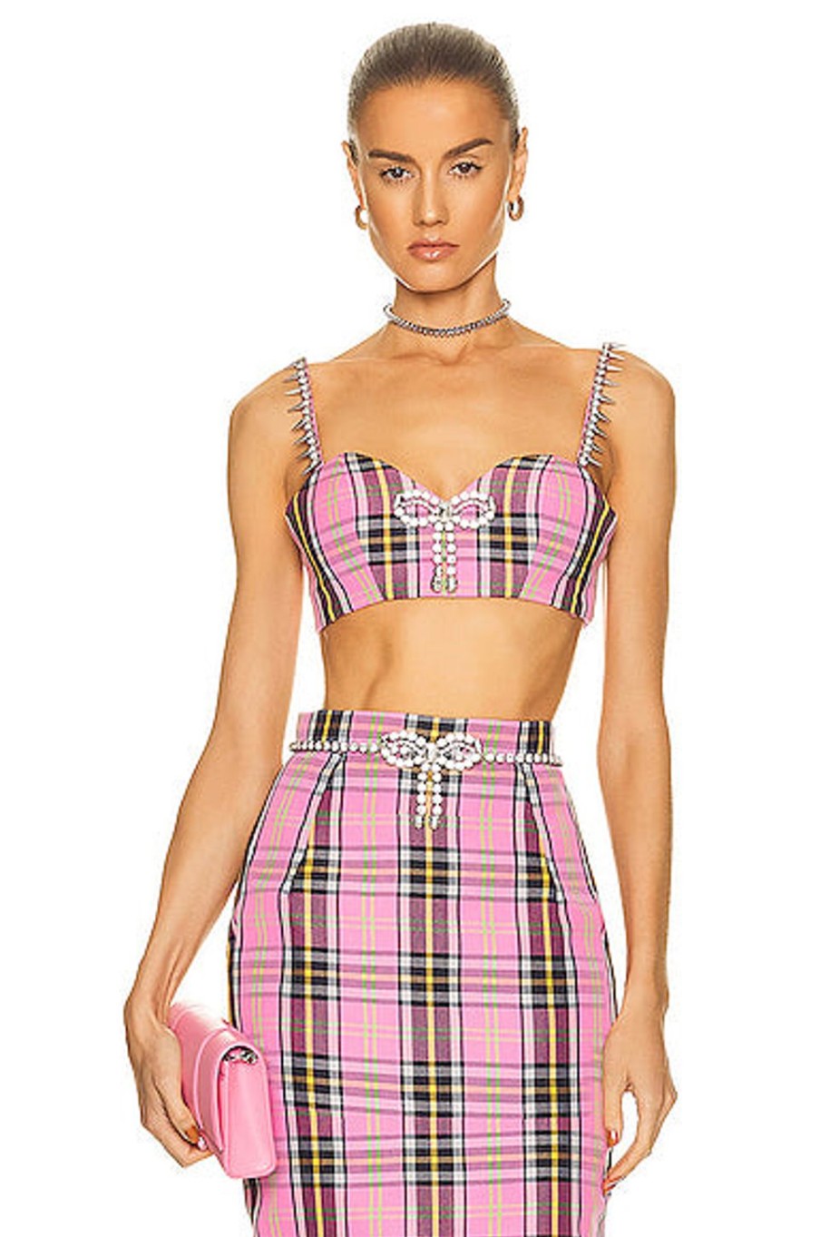 Women AREA Tops | Crystal Trim Bra Top Pink Plaid