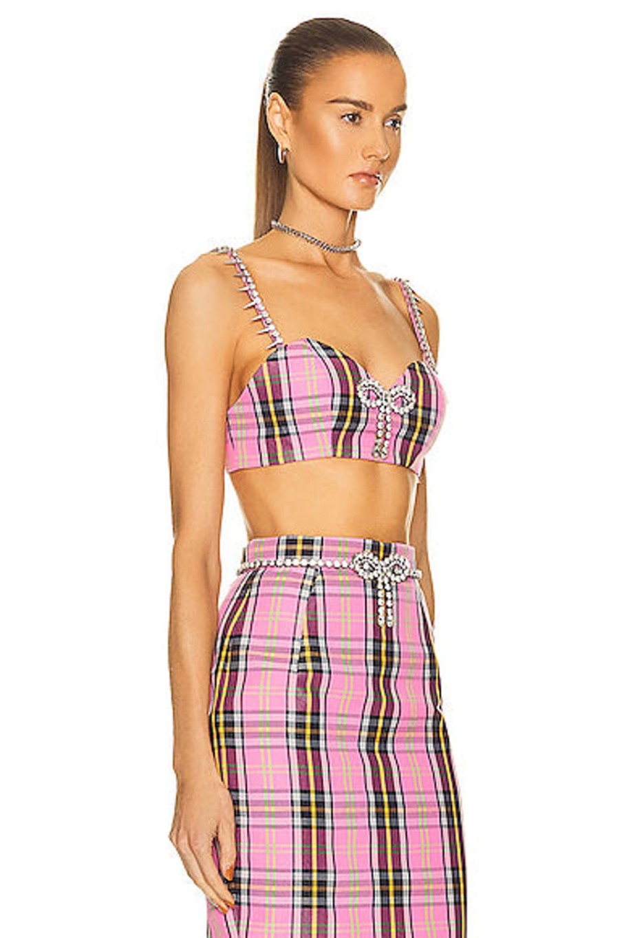 Women AREA Tops | Crystal Trim Bra Top Pink Plaid