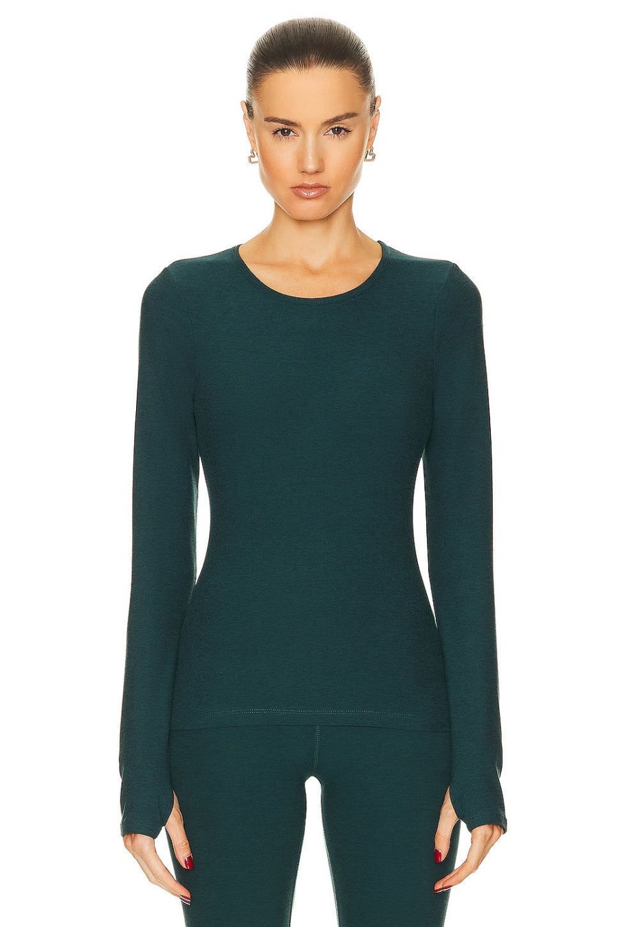 Women Beyond Yoga Tops | Spacedye Classic Crew Pullover Top Midnight Green Heather