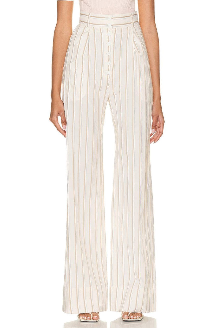 Women MATTHEW BRUCH Pants | Button Fly Pant Natural Striped Cotton