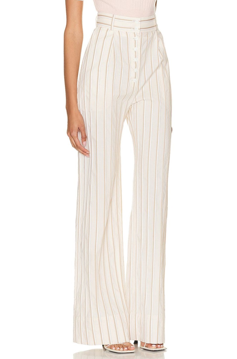 Women MATTHEW BRUCH Pants | Button Fly Pant Natural Striped Cotton