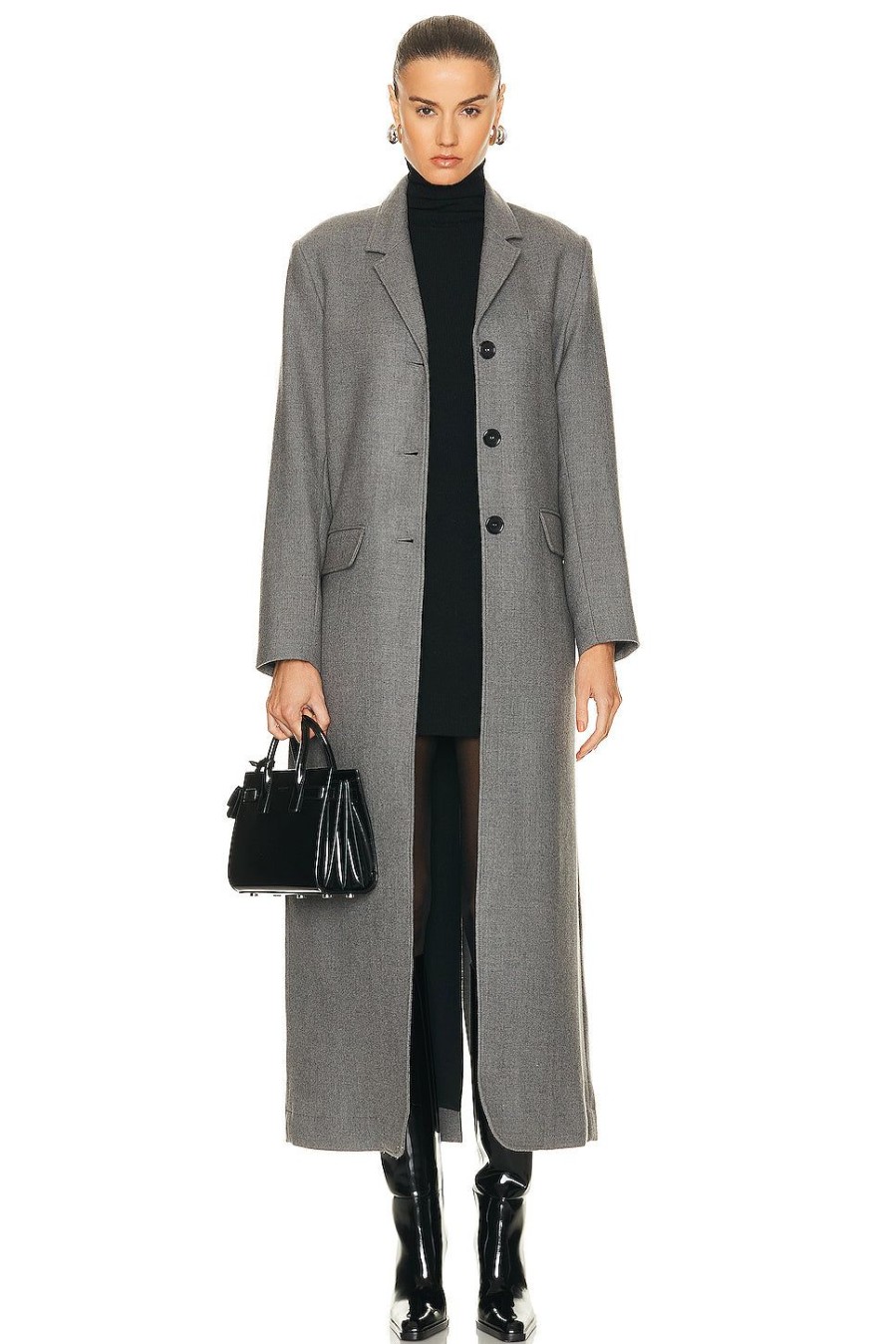 Women NOUR HAMMOUR Jackets & Coats | Celine Extra Long Slim Fit Coat Light Grey