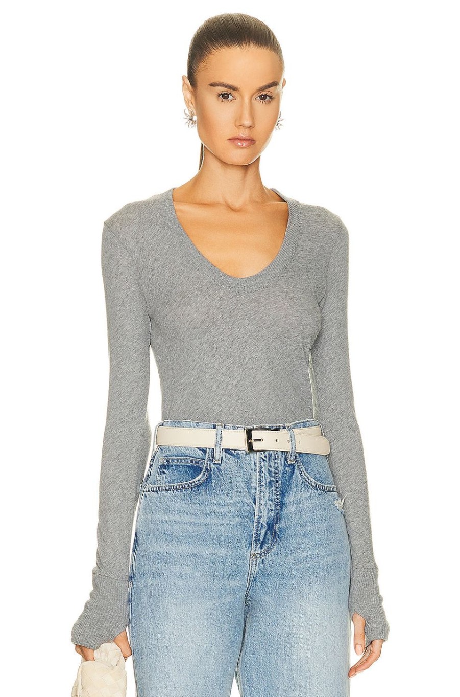 Women Enza Costa Tops | Cashmere Easy Cuffed U Neck Top Smoke