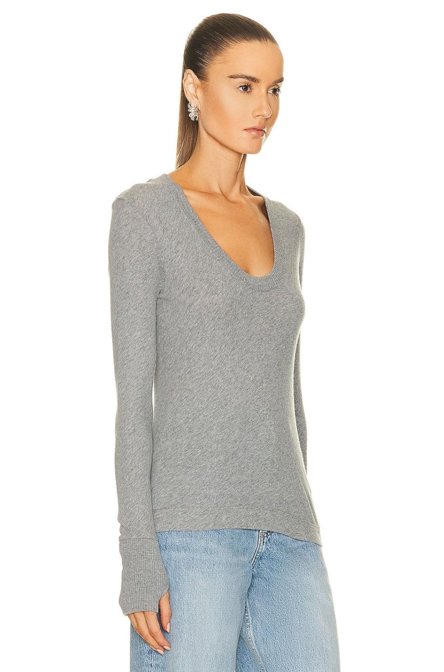 Women Enza Costa Tops | Cashmere Easy Cuffed U Neck Top Smoke