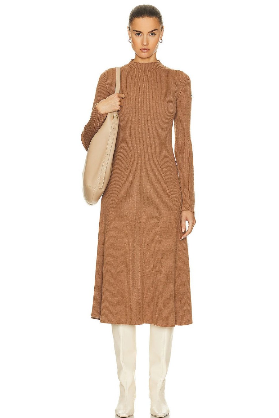 Women Moncler Dresses | Long Sleeve Midi Dress Camel