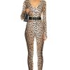 Women Roberto Cavalli Jumpsuits & Rompers | Long Sleeve V-Neck Catsuit Naturale