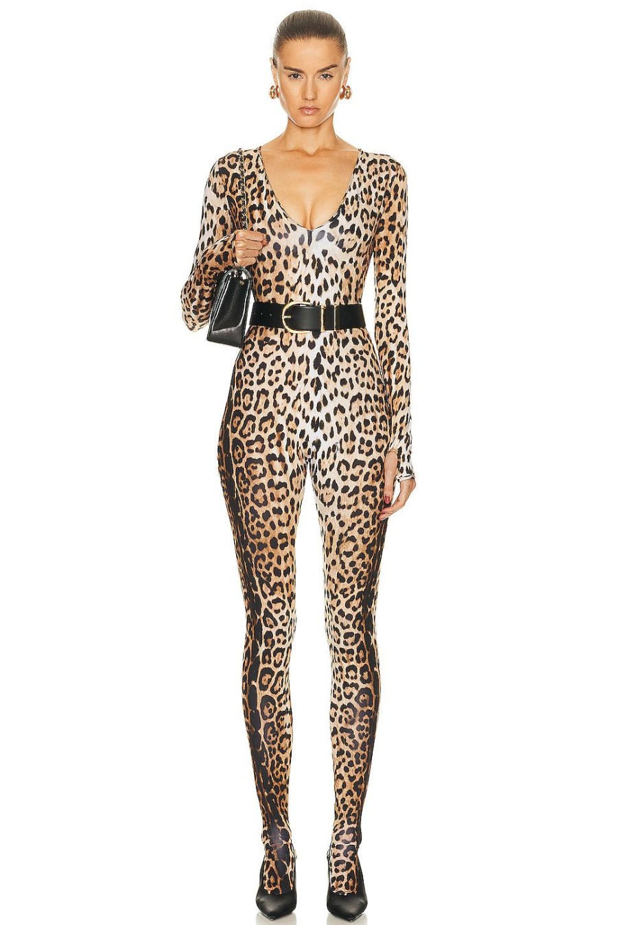 Women Roberto Cavalli Jumpsuits & Rompers | Long Sleeve V-Neck Catsuit Naturale