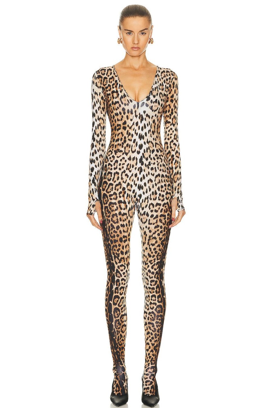 Women Roberto Cavalli Jumpsuits & Rompers | Long Sleeve V-Neck Catsuit Naturale