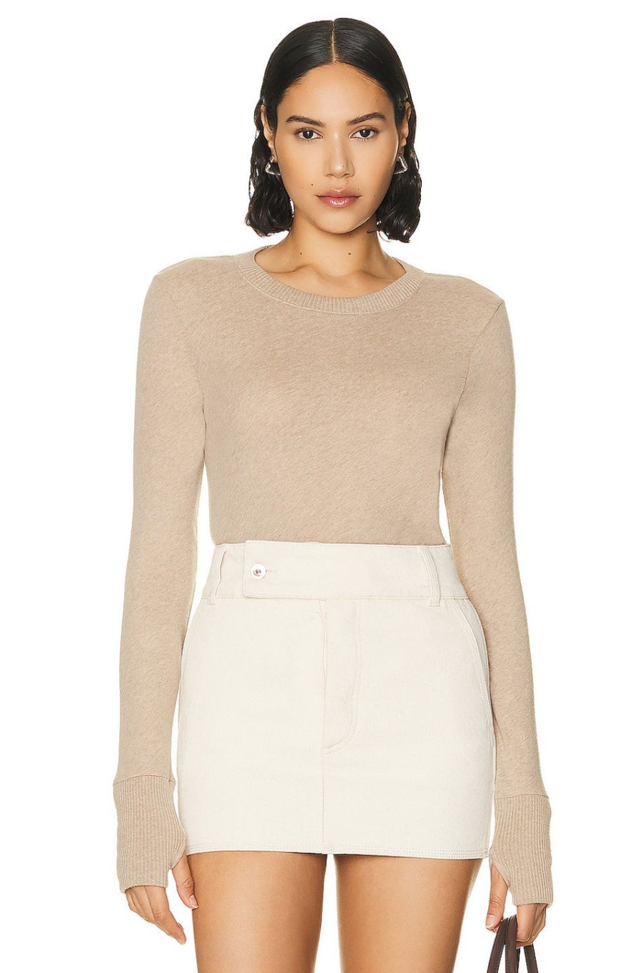 Women Enza Costa Sweaters & Knits | Cashmere Easy Cuffed Crew Neck Sweater Khaki