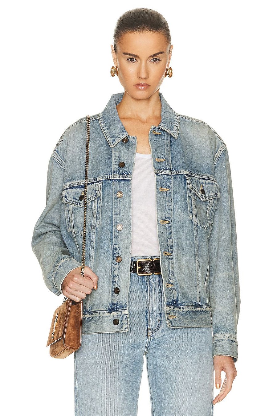 Women Saint Laurent Jackets & Coats | Denim Jacket Sunny Sky Blue