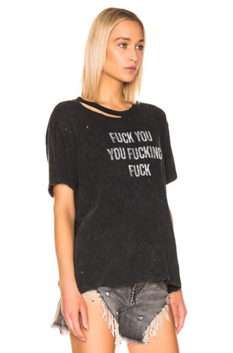 Women R13 Tops | F U Ripped Boy Tee Acid Black