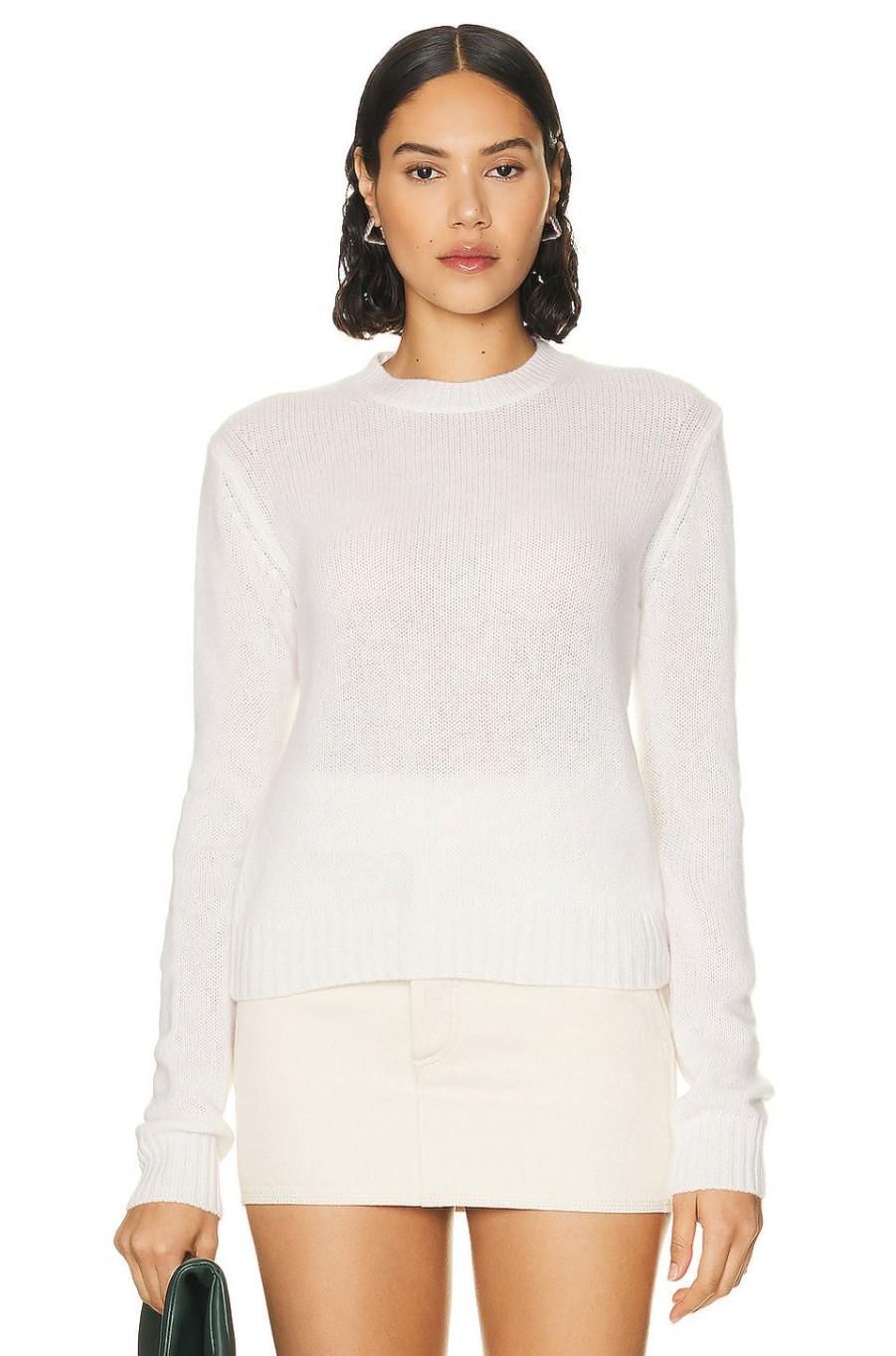 Women Enza Costa Sweaters & Knits | Long Sleeve Cashmere Crew Neck Sweater Chalk