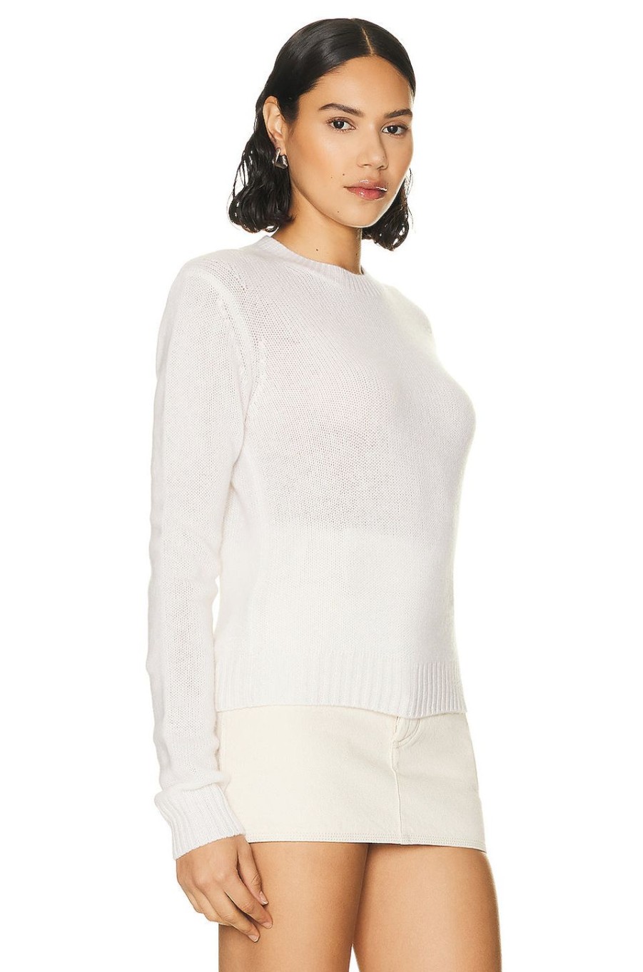 Women Enza Costa Sweaters & Knits | Long Sleeve Cashmere Crew Neck Sweater Chalk