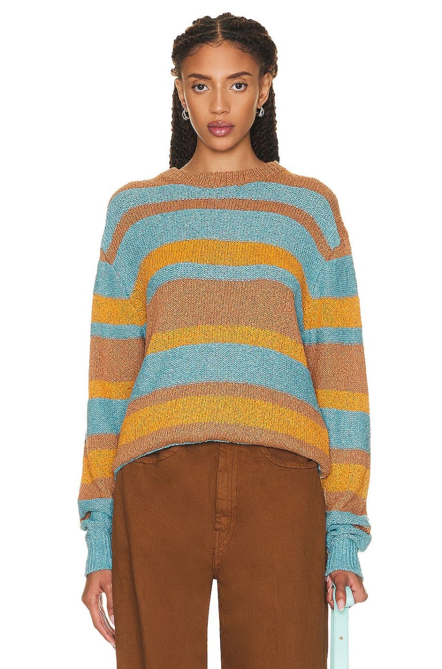 Women The Elder Statesman Sweaters & Knits | June Stripe Crew Sweater Speckled Gold Seafoam & Cider