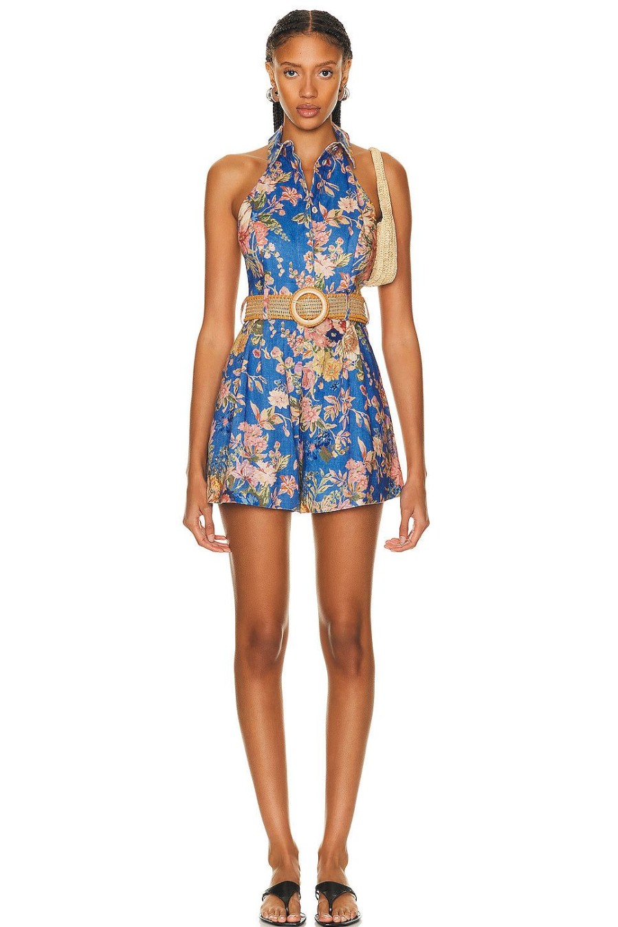 Women Zimmermann Jumpsuits & Rompers | August Halterneck Playsuit Dusty Blue Flora