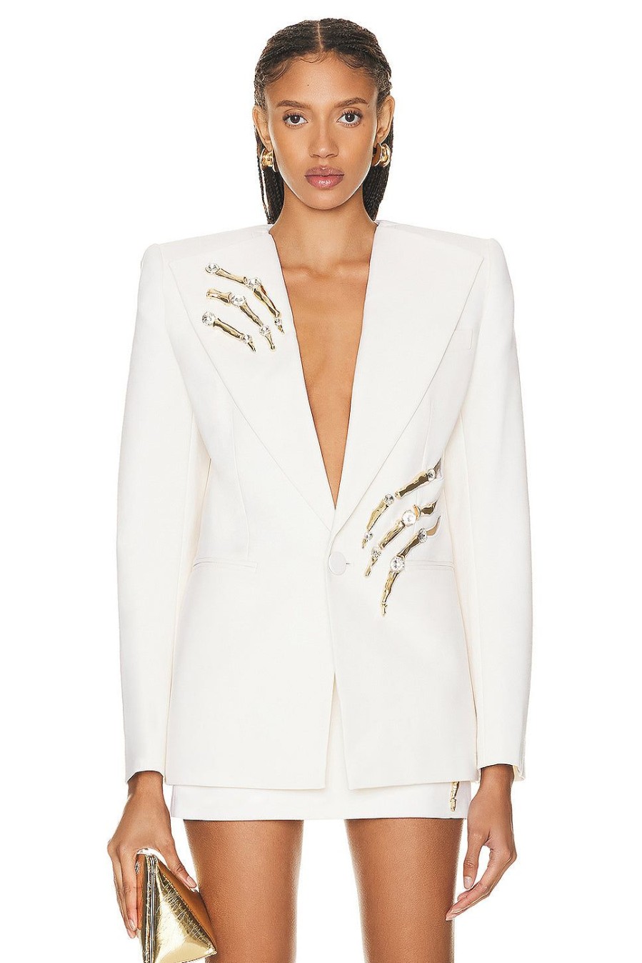 Women AREA Jackets & Coats | Crystal Claw Relaxed Blazer Ivory