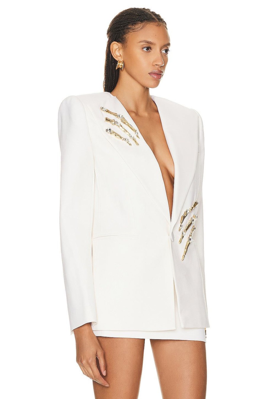 Women AREA Jackets & Coats | Crystal Claw Relaxed Blazer Ivory