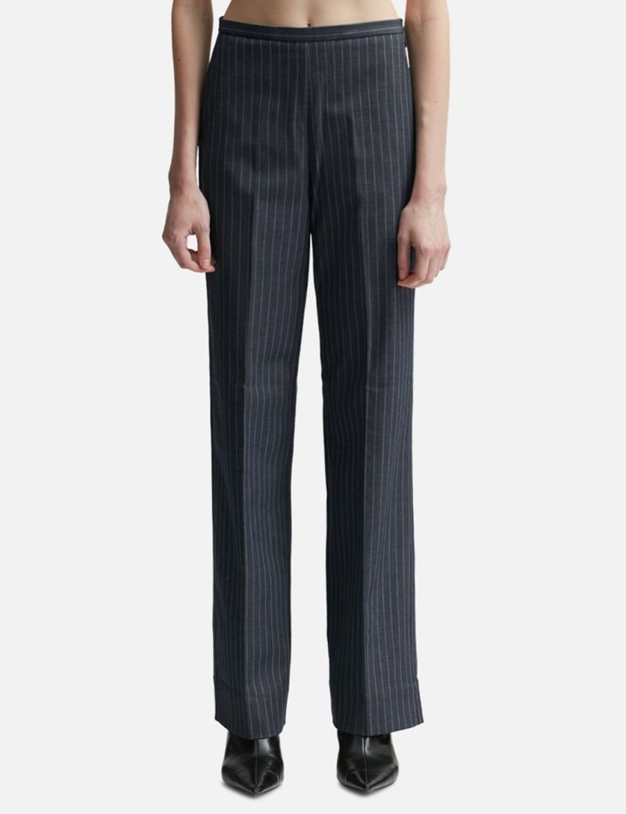 Women Ganni Pants | Stretch Striped Mid Waist Trousers Grey