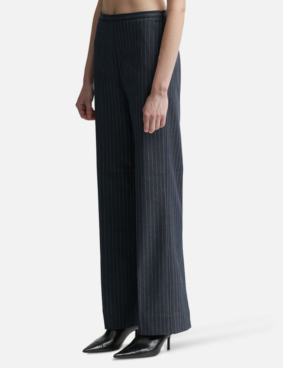 Women Ganni Pants | Stretch Striped Mid Waist Trousers Grey