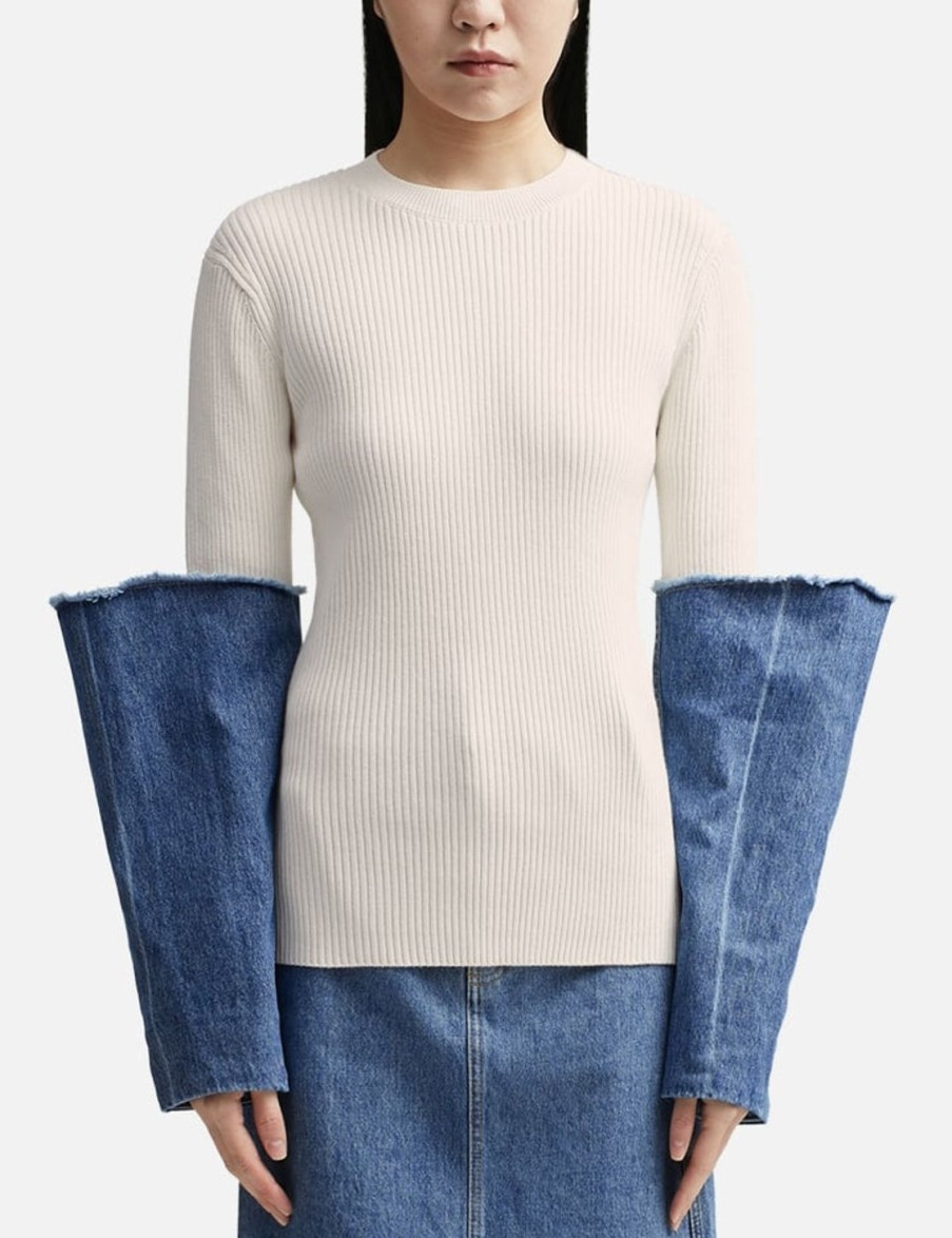 Women JW Anderson Sweaters & Knits | Denim Cuff Crewneck Top White