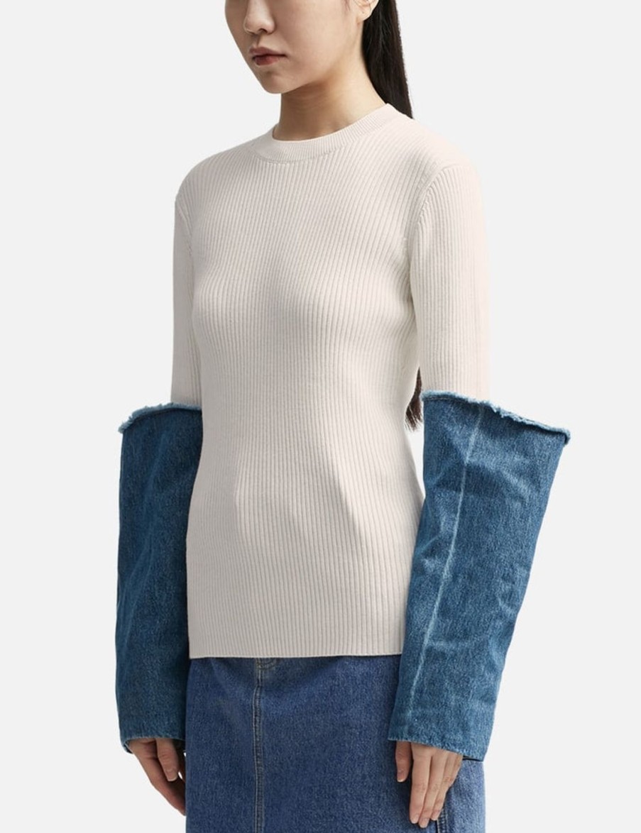 Women JW Anderson Sweaters & Knits | Denim Cuff Crewneck Top White