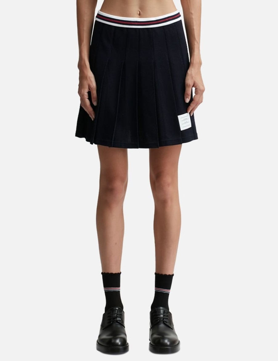 Women Thom Browne Skirts | Textured Cotton Tuck Cricket Stripe Pleated Skirt Blue