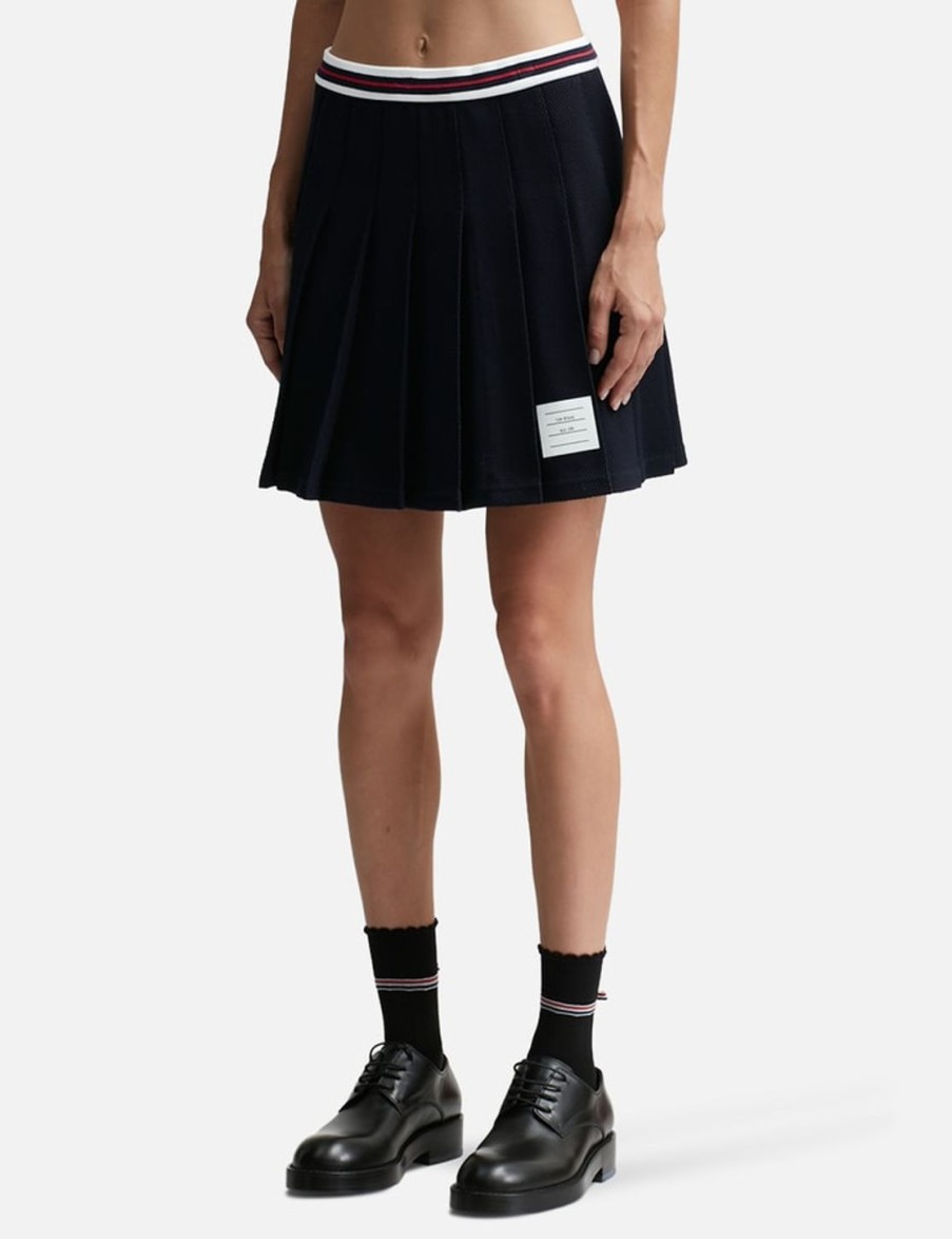 Women Thom Browne Skirts | Textured Cotton Tuck Cricket Stripe Pleated Skirt Blue