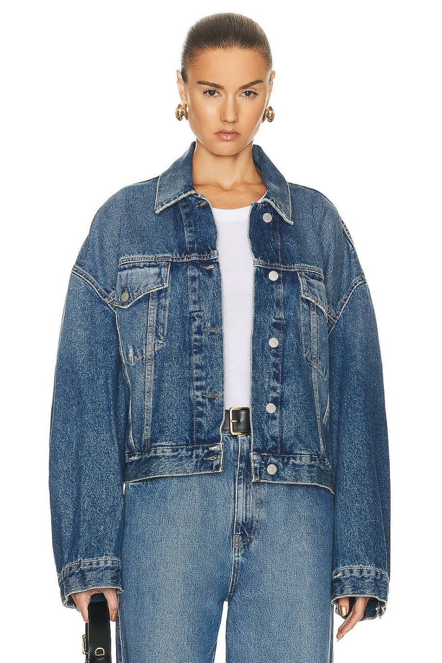 Women Acne Studios Jackets & Coats | Oversized Cropped Denim Jacket Mid Blue