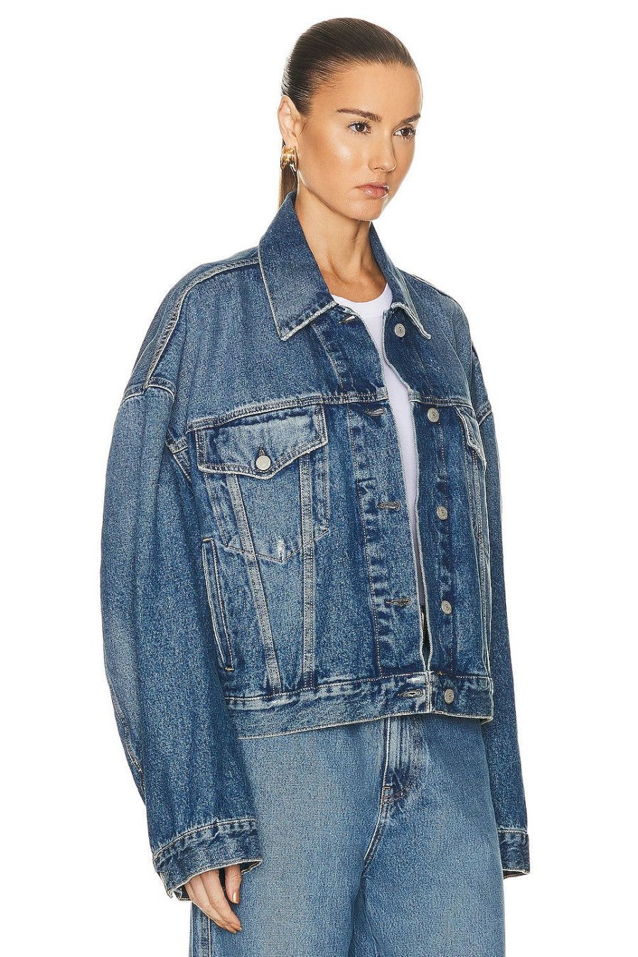 Women Acne Studios Jackets & Coats | Oversized Cropped Denim Jacket Mid Blue